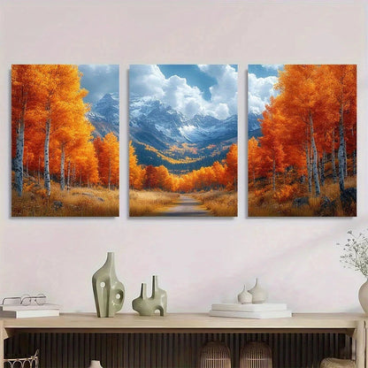 3pcs Vibrant Fall Trees & Mountain Metal Print Ready to Hang Art