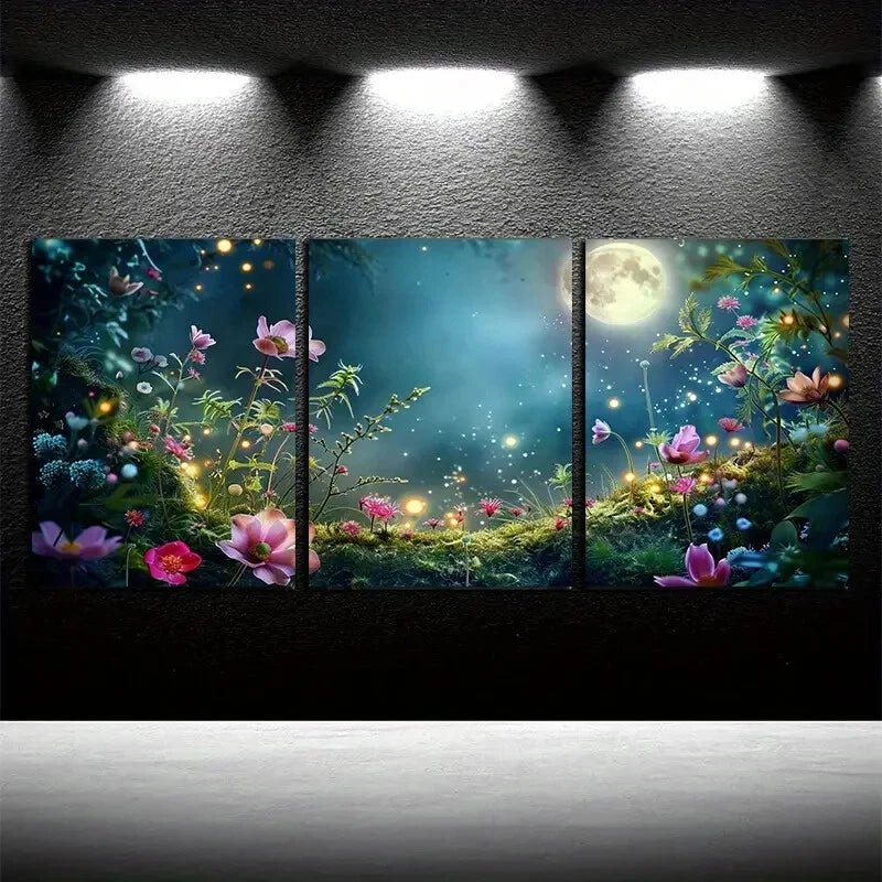 3pcs Vibrant Floral Garden with Moon View Design Metal Print Ready to Hang Art