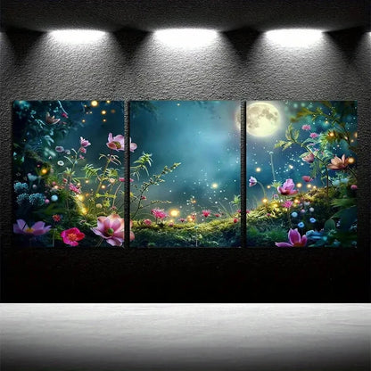 3pcs Vibrant Floral Garden with Moon View Design Metal Print Ready to Hang Art