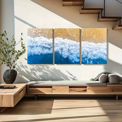 Modern living room with wooden furniture and wall art of ocean waves.