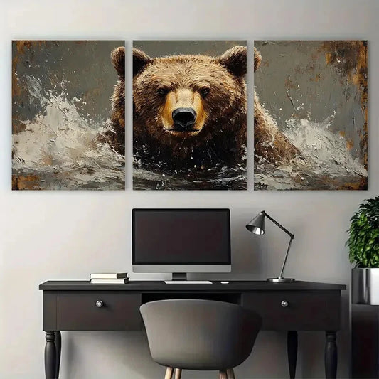 3pcs Grizzly Bear Animal Portrait Metal Print Ready to Hang Art