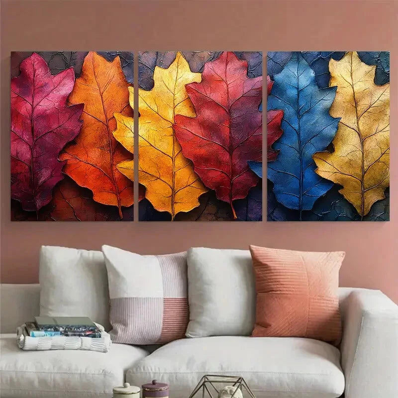 3pcs Vibrant Autumn Leaves Collage Metal Print Ready to Hang Art