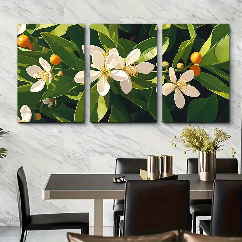 3pcs Florida Orange Blossom Green Leaves Metal Print Ready to Hang Art