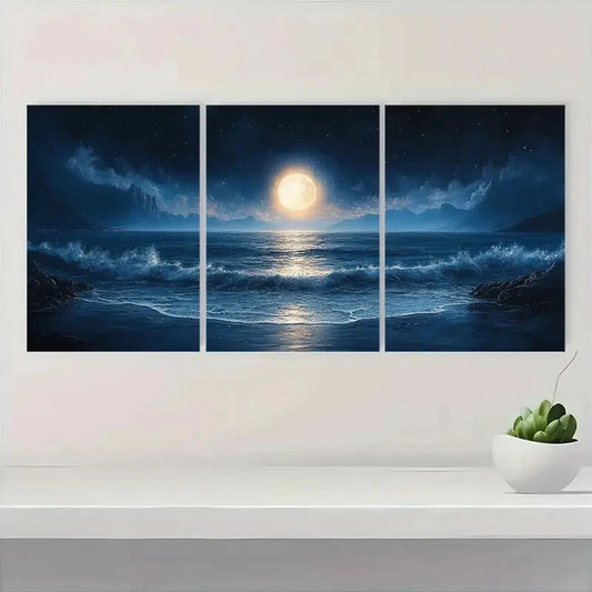 3pcs Moonlit Ocean Seascape Midnight Beach Scene Metal Print Ready to Hang Art