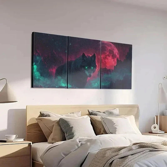 3pcs Majestic Wolf with Glowing Green Eyes Wall Art Set Canvas Framed 40x60cm - High Quality Print 100% Australian Made Wall Canvas Ready to Hang