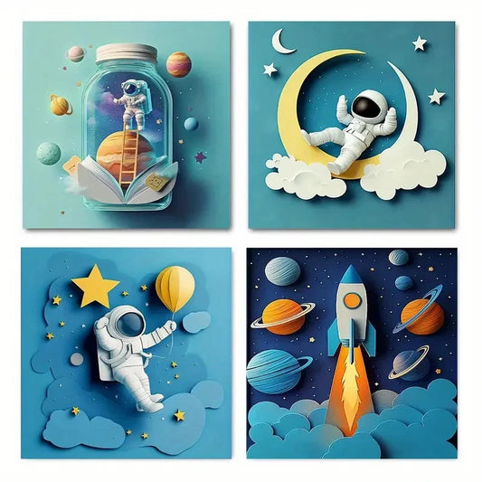 4pcs Modern Space Astronaut & Rockets Wall Art Canvas Framed