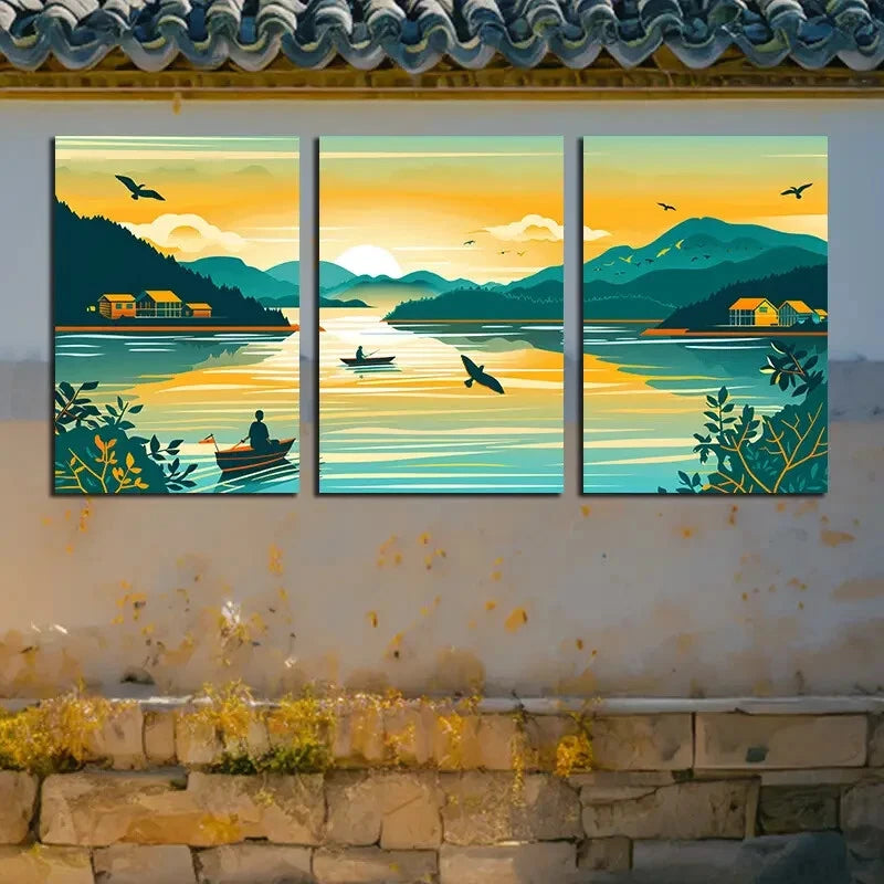 3pcs Fishing Boats on the Sea Scene Metal Print Ready to Hang Art