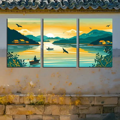 3pcs Fishing Boats on the Sea Scene Metal Print Ready to Hang Art