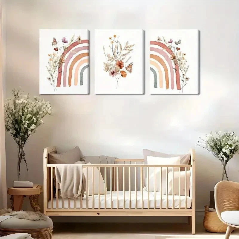 3pcs Rainbow Cute Boho Wildflowers Paintings Metal Print Ready to Hang Art