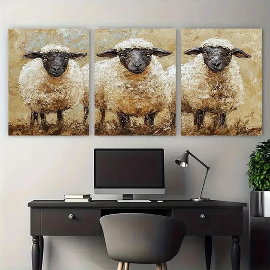 3pcs Sheep Farm Animals Rustic Design Metal Print Ready to Hang Art