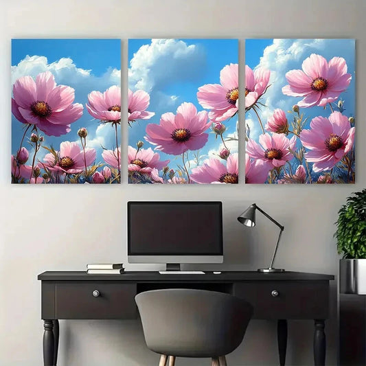 3pcs Blush Pink Cosmos Flowers Summer Sky Metal Print Ready to Hang Art
