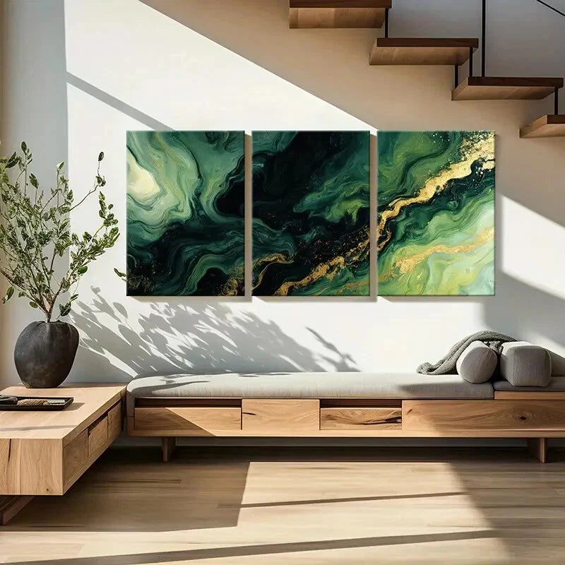 3pcs Abstract Green Golden Swirls Art Metal Print Ready to Hang Art