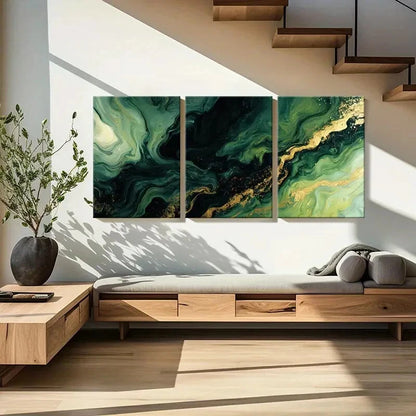 3pcs Abstract Green Golden Swirls Art Metal Print Ready to Hang Art