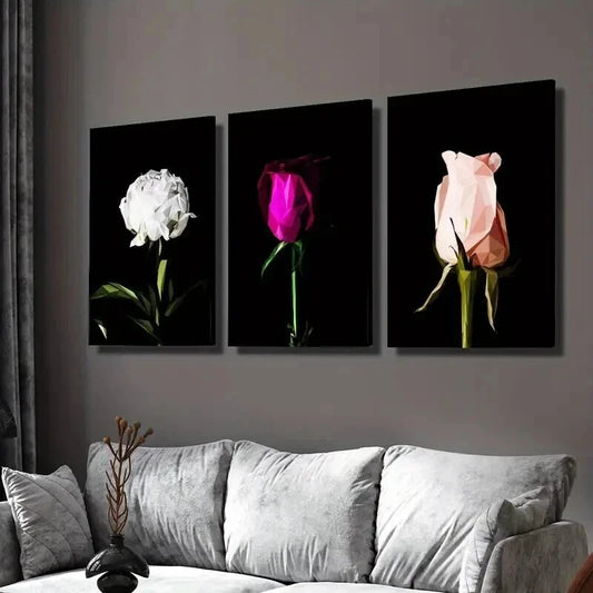 3pcs White Rose Purple Rose Pink Rose Botanical Wall Art Set Canvas Framed 60x90cm - High Quality Print 100% Australian Made Wall Canvas Ready to Hang
