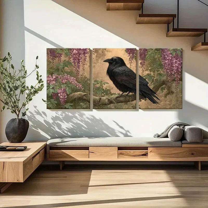 3pcs Black Crow on Branch with Purple Wisteria Metal Print Ready to Hang Art