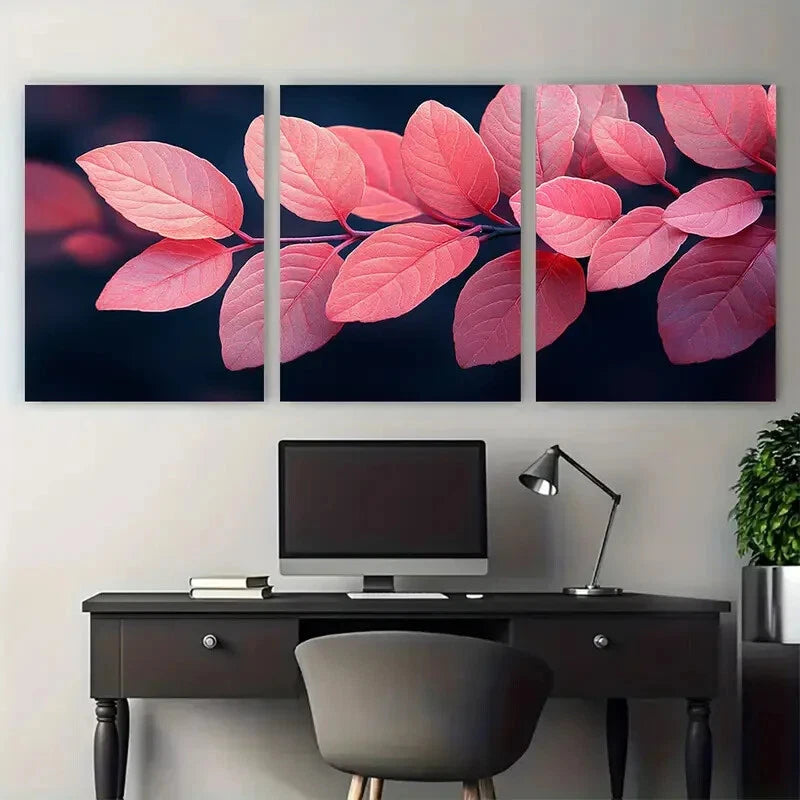 3pcs Pink Skeleton Leaves in Black Background Metal Print Ready to Hang Art