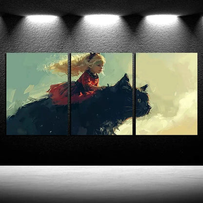 3pcs Charming Girl & Black Cat Illustration Metal Print Ready to Hang Art