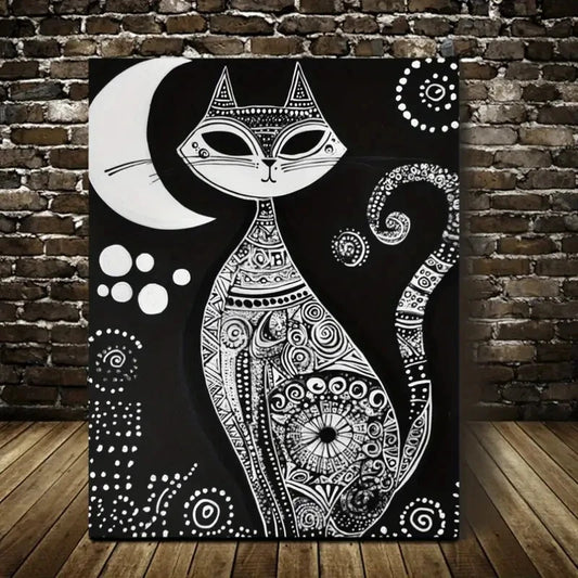 Bohemian Black and White Cat Moon Painting 40x60cm Metal Print Ready to Hang