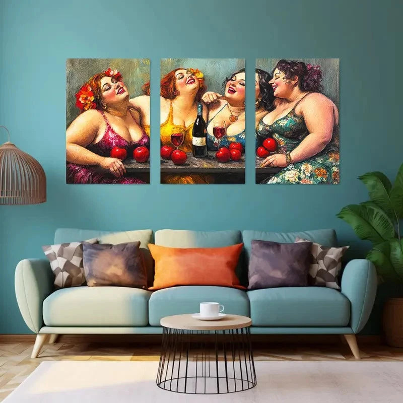 3pcs Energetic Woman with Wine and Apples Metal Print Ready to Hang Art
