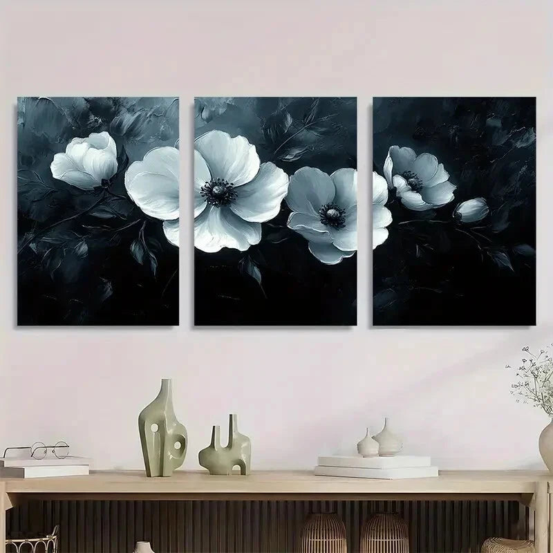 3pcs Modern Monochrome Floral Black White Metal Print Ready to Hang Art