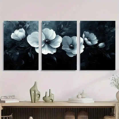 3pcs Modern Monochrome Floral Black White Metal Print Ready to Hang Art