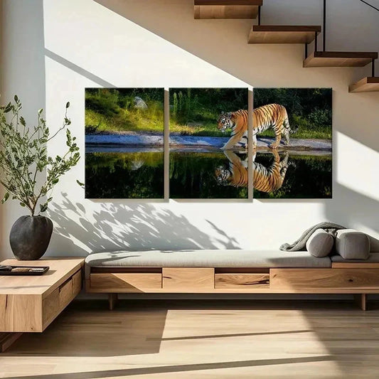 3pcs Tiger Walking By The Lake Wall Art Set Canvas Framed 40x60cm - High Quality Print 100% Australian Made Wall Canvas Ready to Hang