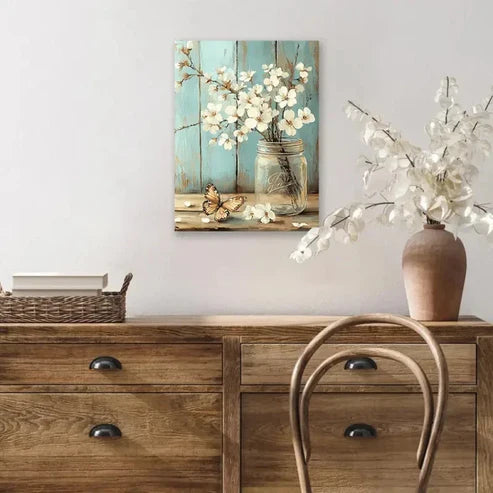 Beautiful Serene Mason Jar & Butterfly Painting 60x90cm Metal Print Ready to Hang