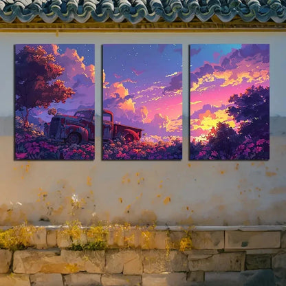 3pcs Vintage Truck & Floral Landscape Metal Print Ready to Hang Art