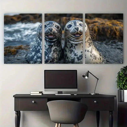 3pcs Two Friendly Seals Laughing Together Cute Metal Print Ready to Hang Art