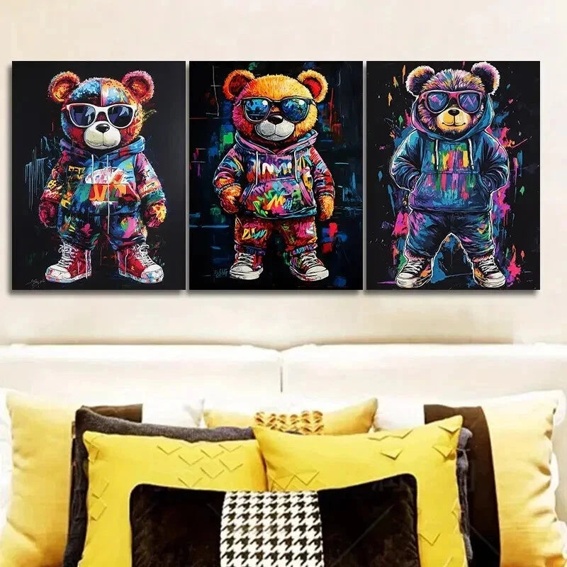 3pcs Featuring a Teddy Bear Adorned Solely  Wall Art Set Canvas Framed 50x70cm - High Quality Print 100% Australian Made Wall Canvas Ready to Hang