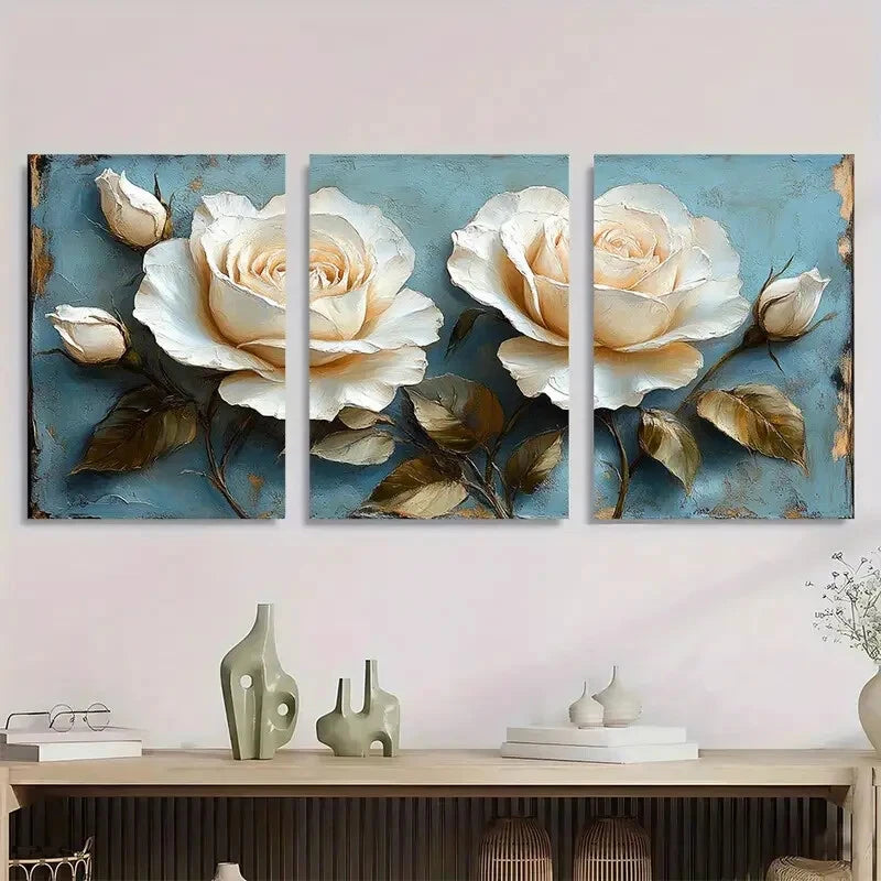 3pcs Elegant White Rose Modern Abstract Metal Print Ready to Hang Art