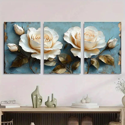 3pcs Elegant White Rose Modern Abstract Metal Print Ready to Hang Art