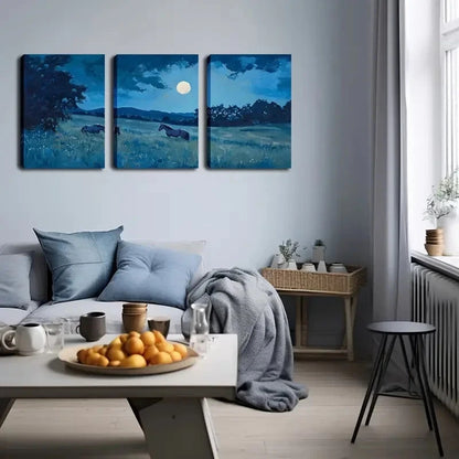 3pcs Realistic Horse and Moonlit Lands Perfect Wall Art Set Canvas Framed 40x60cm - High Quality Print 100% Australian Made Wall Canvas Ready to Hang