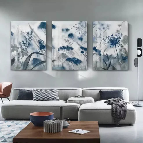 3pcs Blue Grey Flower Leaf Canvas Framed 60x90cm - High Quality Print 100% Australian Made Wall Canvas Ready to Hang