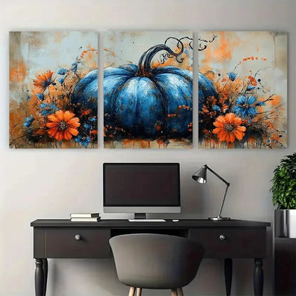 3pcs Autumn Floral Blue Orange Harvest Pumpkin Metal Print Ready to Hang Art