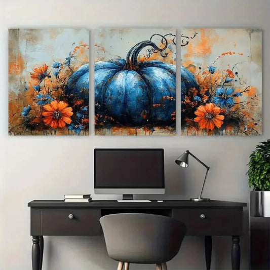 3pcs Autumn Floral Blue Orange Harvest Pumpkin Metal Print Ready to Hang Art
