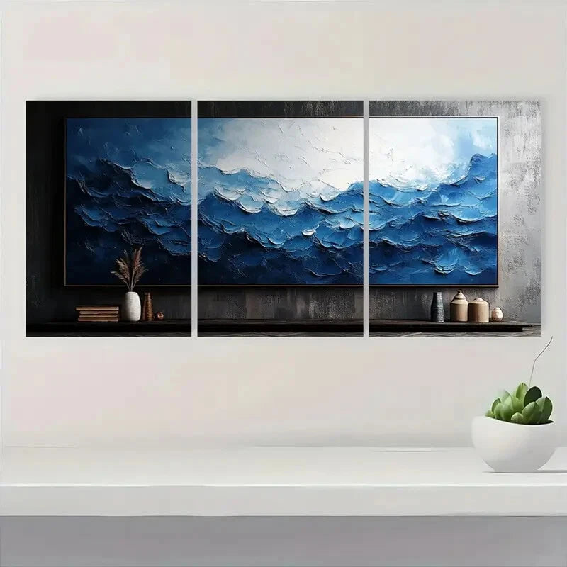 3pcs Dark Blue and White Texture Art Painting Metal Print Ready to Hang Art