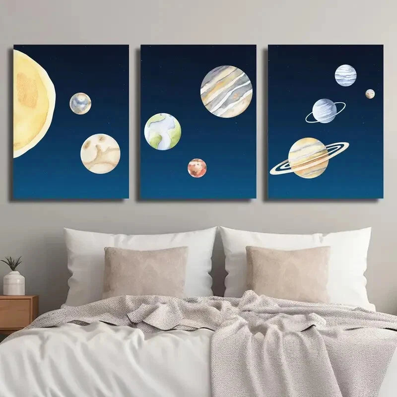 3pcs Navy Blue Starry Sky Planet Perfect Wall Art Set Canvas Framed 40x60cm - High Quality Print 100% Australian Made Wall Canvas Ready to Hang