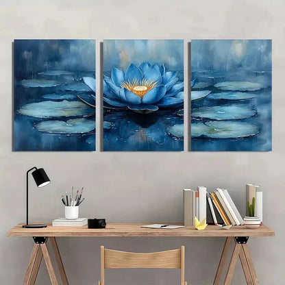 3pcs Blue Lotus Flower Serene Watercolor Metal Print Ready to Hang Art