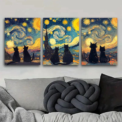 3pcs Starry Cat Night Scene Painting Metal Print Ready to Hang Art
