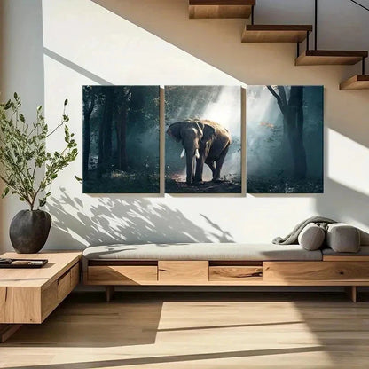 3pcs Elephant in Enchanted Forest Landscape Wall Art Set Canvas Framed 40x60cm - High Quality Print 100% Australian Made Wall Canvas Ready to Hang