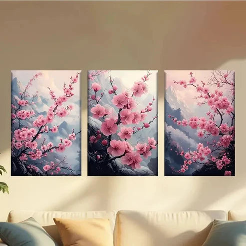 3pcs Sakura Tree on the Cliff Wall Art Canvas Unframed - High Quality Print 100% Australian Made Wall Canvas