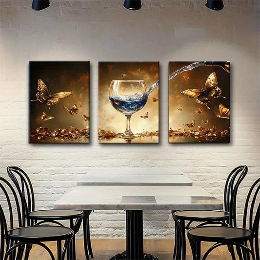 3pcs Golden Butterfly & Floral Flowing Water Metal Print Ready to Hang Art