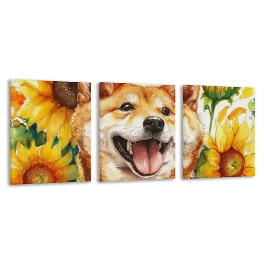 3pcs Happy Golden Shiba Inu In Sunflowers  Wall Art Set Canvas Framed 60x90cm - High Quality Print 100% Australian Made Wall Canvas Ready to Hang