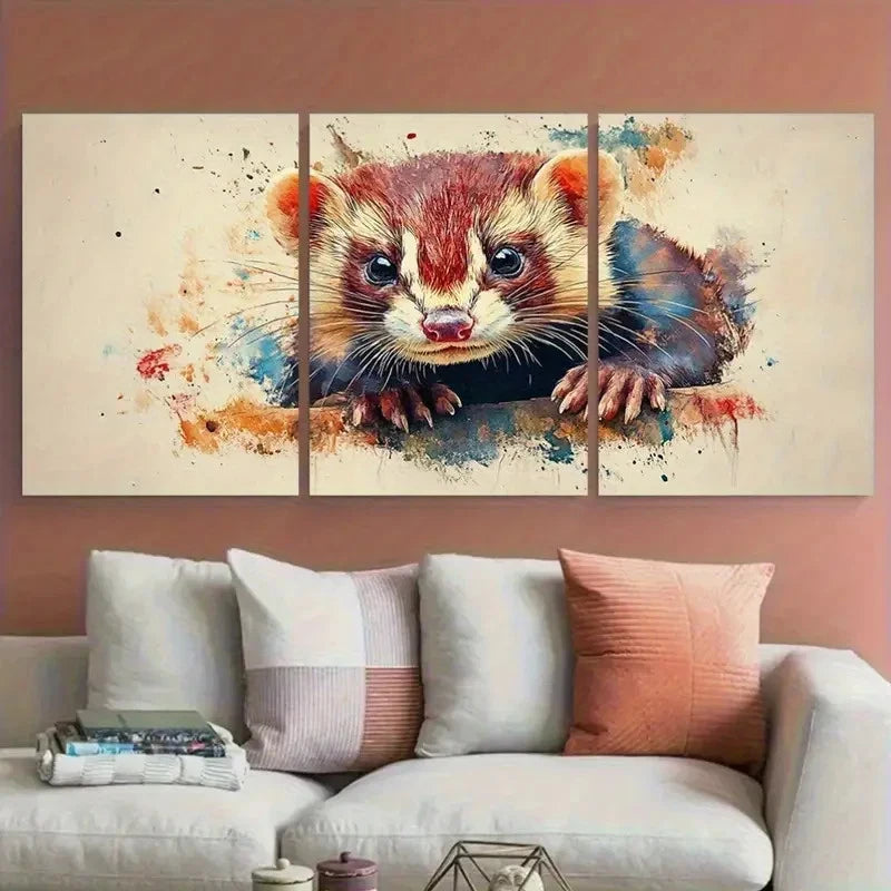 3pcs Sweet Ferret Watercolour Design Metal Print Ready to Hang Art