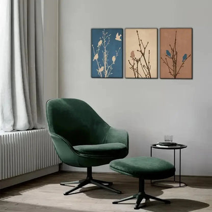 3pcs Birds on a Branch Art Mocha Birds Print Metal Print Ready to Hang Art