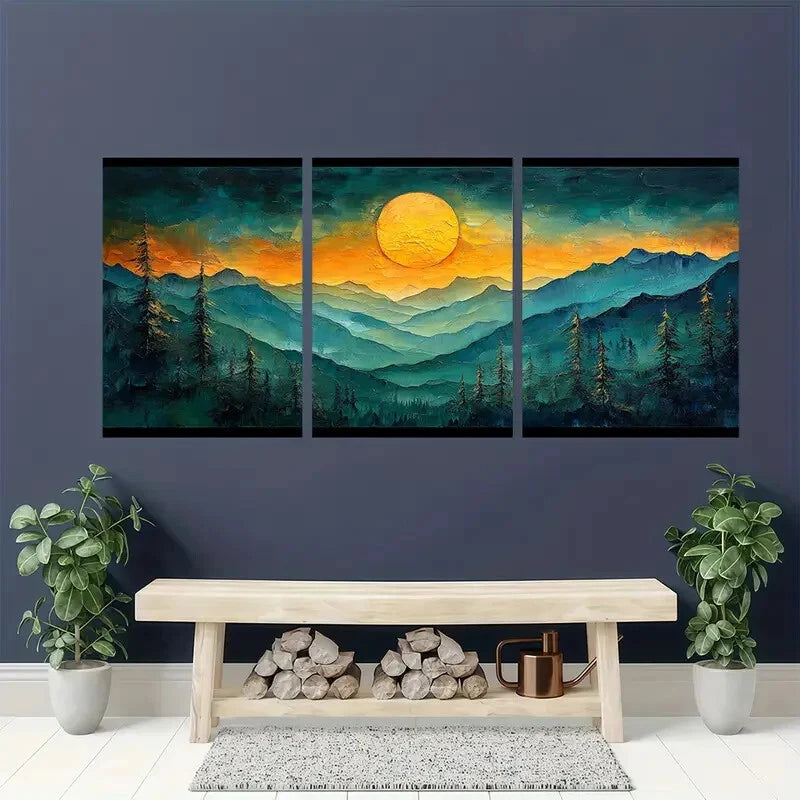 3pcs Vibrant Sunset Abstract Mountain Landscape Metal Print Ready to Hang Art