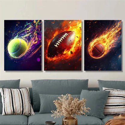 3pcs Tennis, rugby, basketball, simple art Metal Print Ready to Hang Art