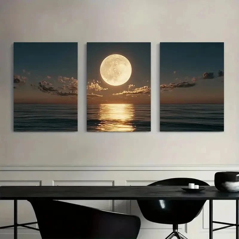 3pcs Full Moon Setting Over the Ocean Metal Print Ready to Hang Art