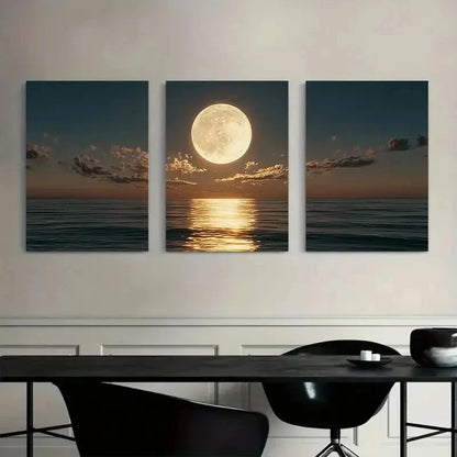 3pcs Full Moon Setting Over the Ocean Metal Print Ready to Hang Art
